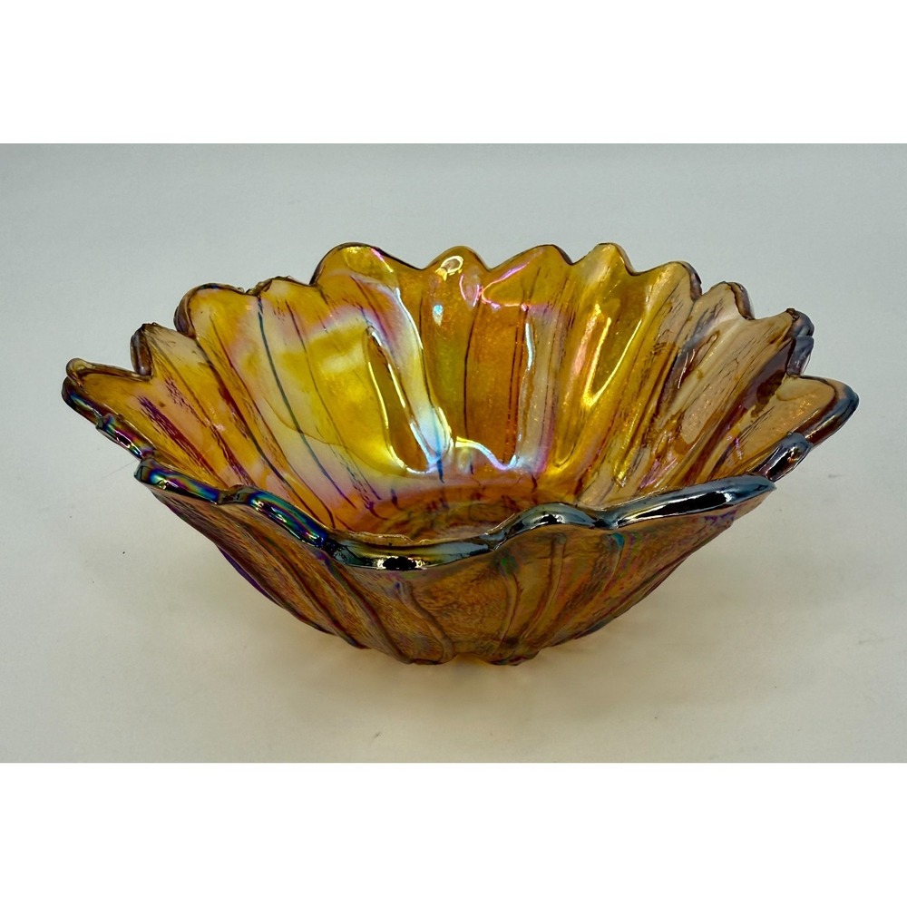 Vintage Indiana Glass Amber Carnival Bowl Iridescent Ruffled Edge‎ Marigold 7"
